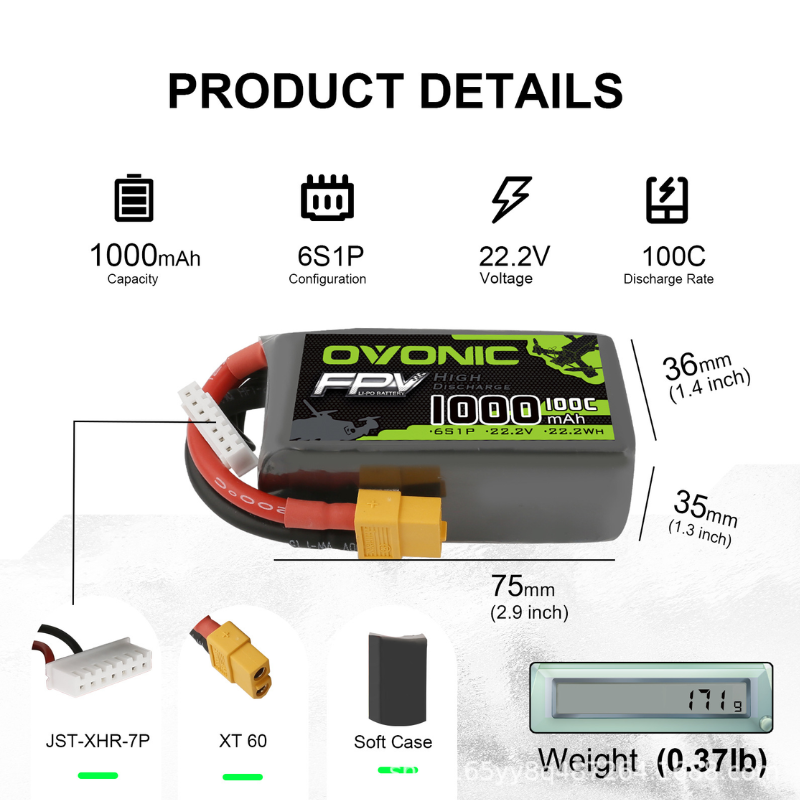 2Pcs OVONIC 1000mAh 100C 22.2V - огляд і ціна Drone Battery Li-Ion